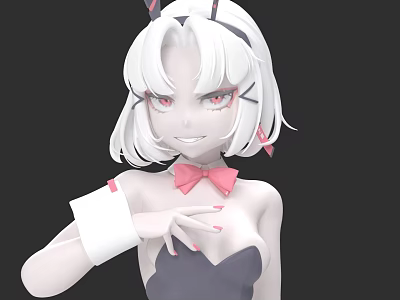Game Anime Character With White Short Hair Cat Ears Red Eyes And Pink Bow Tie 3d model