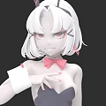 Game Anime Character With White Short Hair Cat Ears Red Eyes And Pink Bow Tie