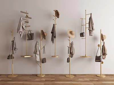 Golden Coat Racks With Hats Bags Scarves And Coats On Light Wall Wooden Floor 3d model