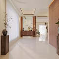 Modern Elegant Entryway Hall Interior With White Floor Tiles Wooden Decor And Green Plants