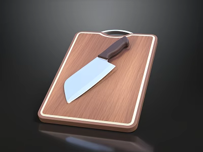 Wooden Cutting Board With Sharp Chef Knife And Wood Grain Design 3d model