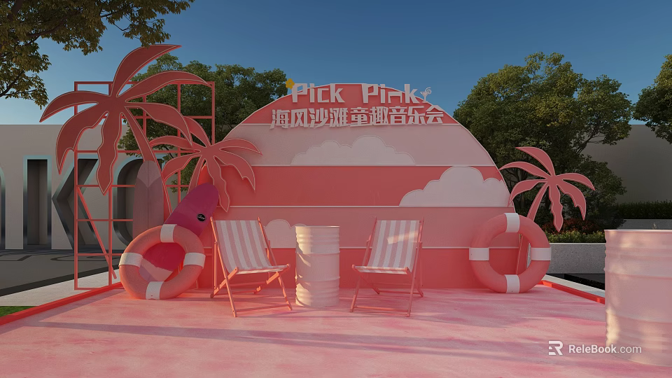 Fun Pink Sea Breeze Music Concert Scene With Pink Backdrop Chairs Lifebuoys And Palm Trees 3d model 
