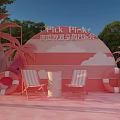 Fun Pink Sea Breeze Music Concert Scene With Pink Backdrop Chairs Lifebuoys And Palm Trees