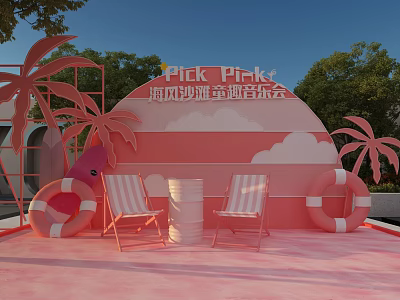 Fun Pink Sea Breeze Music Concert Scene With Pink Backdrop Chairs Lifebuoys And Palm Trees 3d model