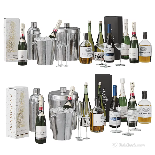 Different Types Of Wine Bottles And Wine Glasses With Ice Buckets And Gift Boxes 3d model 