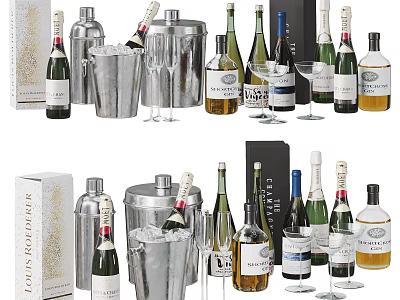 Different Types Of Wine Bottles And Wine Glasses With Ice Buckets And Gift Boxes 3d model