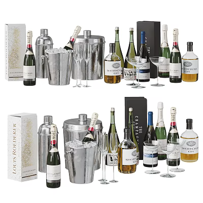 Different Types Of Wine Bottles And Wine Glasses With Ice Buckets And Gift Boxes 3d model