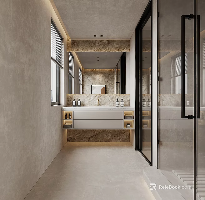 Modern Bathroom Interior Featuring Large Mirror Stone Vanity Glass Shower And Warm Ambient Lighting 3d model 