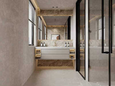 Modern Bathroom Interior Featuring Large Mirror Stone Vanity Glass Shower And Warm Ambient Lighting 3d model