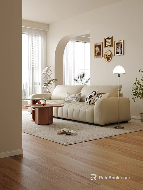 Cozy Modern Living Room Interior With Beige Sofa Wooden Coffee Table And Floor Lamp 3d model 