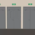 Grey Emergency Exit Doors With Green Signs And Red Fire Hydrant
