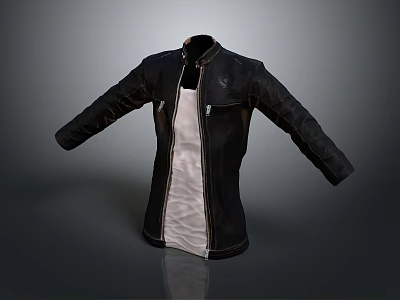Black Leather Jacket With White Lining Open Style Sleeves Spread Out For Daily Casual Wear 3d model