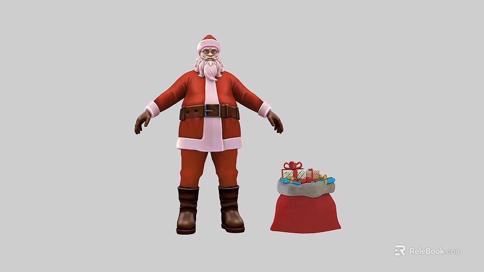 Man Dressed as Santa Claus Standing with Gift Bag Full of Presents 3d model 
