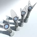 Four Tower Shaped Playground Equipment Featuring Metal Mesh Top Wing Like Design And Spiral Base