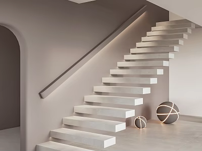 Modern Luxury Grey Staircase With Curved Handrail Steps And Spherical Decorative Lights 3d model