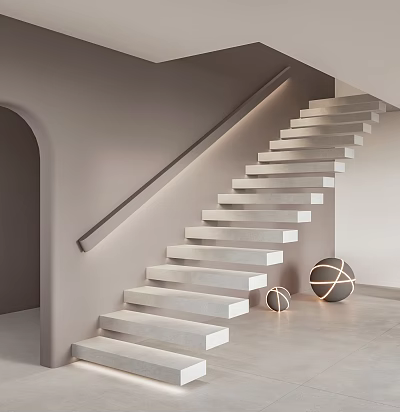 Modern Luxury Grey Staircase With Curved Handrail Steps And Spherical Decorative Lights 3d model