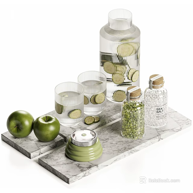 Refreshing Homemade Cucumber Water With Fresh Apples Glass Cups And Marble Tray 3d model 