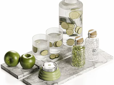 Refreshing Homemade Cucumber Water With Fresh Apples Glass Cups And Marble Tray 3d model