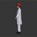 Man in White Robe and Red Striped Pants Wearing Red Turban Against Gray Background