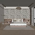 Modern Rustic Bedroom Interior With Stone Textured Accent Wall Wooden Bed And Pendant Light