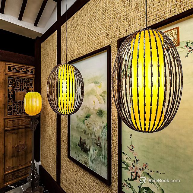 Traditional Chinese Striped Pendant Lights With Yellow Shade In Wooden Floral Decor Interior 3d model 