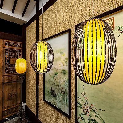 Traditional Chinese Striped Pendant Lights With Yellow Shade In Wooden Floral Decor Interior 3d model
