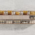 Food Display On Metal Shelf Featuring Bread Sticks Fruit Basket Packaged Boxes And Liquid Bottles