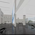 Modern School Hall Interior Featuring Large Blue Wavy Painting Glass Windows And Multi Level Structure 3d model