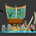 Cartoon Hut Scene With Green Roof Wooden Structure Water Rocks Plants And Decorative Elements