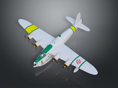 Vintage White Airplane Model With Four Propellers Yellow Green Wing Stripes And Red Logo 3d model