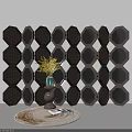 Decorative Dark Brown Hexagonal Room Divider With Rattan Woven Design And Yellow Flowers Vase