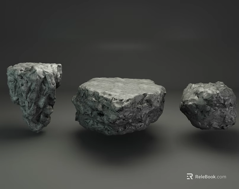 Three Natural Dark Gray Stones With Rough Surface And Different Shapes For Decoration 3d model 