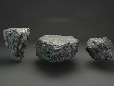Three Natural Dark Gray Stones With Rough Surface And Different Shapes For Decoration 3d model