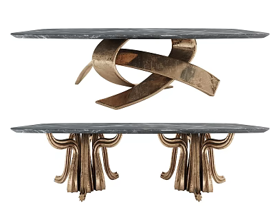 Elegant Dark Marble Top Dining Tables With Golden Ornate And Intertwined Metal Legs 3d model