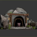 Natural Rocky Cave Entrance With Wooden Archway Lanterns Rail Tracks Mine Cart And Green Plants