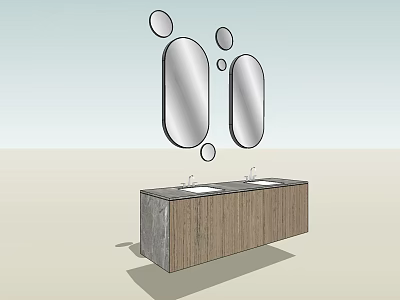 Modern Bathroom Vanity With Double Sinks Oval Mirrors And Wooden Cabinets 3d model