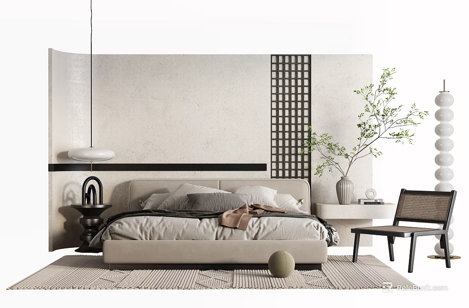Modern Background Double Bed With Beige Wall Lattice Panel Green Plant and Wooden Chair 3d model 