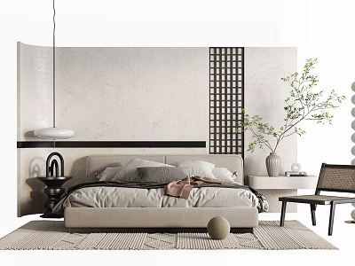 Modern Background Double Bed With Beige Wall Lattice Panel Green Plant and Wooden Chair 3d model