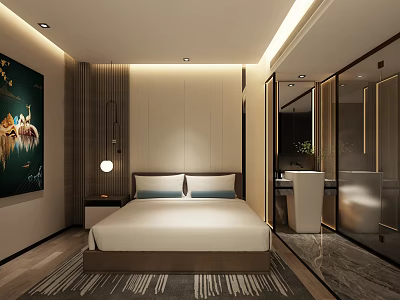 Modern Hotel Guest Room With Comfortable Bed Decorative Painting And Patterned Carpet 3d model