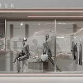 Modern Fashion Window Display With Mannequins Hanging Clothes And Stone Texture Background