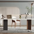 Modern Study Room Interior With Long Desk Laptop White Chair Plant And Wooden Wall