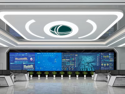 Modern Monitoring Room Interior With Large Screens Data Charts And Green Plants 3d model