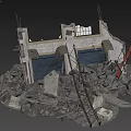Collapsed Urban Building With Blue Roller Shutter Rubble Debris And Scaffolding