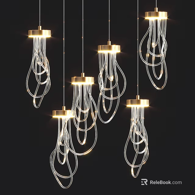 Elegant Modern Chandeliers With Gold Base White Wire Hanging Illuminated Design 3d model 