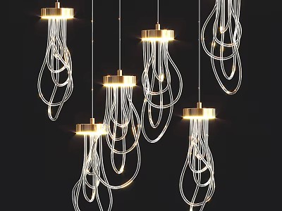 Elegant Modern Chandeliers With Gold Base White Wire Hanging Illuminated Design 3d model