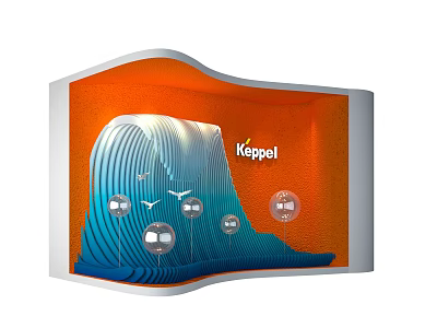 Keppel Brand Window Display With Orange Background Blue Wave Like Decorations And Circular Elements 3d model