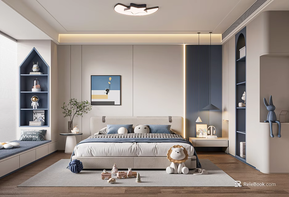 Cozy Kids Room Interior With Bed Stuffed Lion Blue Bookshelves Rug And Decorative Painting 3d model 