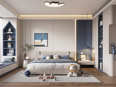 Cozy Kids Room Interior With Bed Stuffed Lion Blue Bookshelves Rug And Decorative Painting 3d model