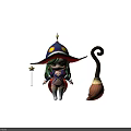 Cartoon Witch Character with Purple Hat Green Hair Magic Wand and Broomstick