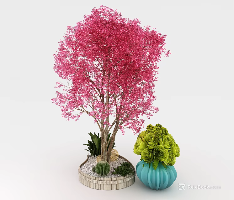 Pink Arbor Tree With Vibrant Pink Blossoms Green Flower Bouquet And Small Plants 3d model 